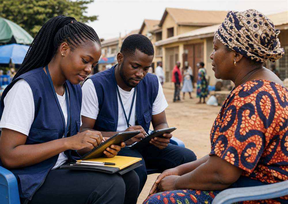 Field researchers collecting survey data with tablets